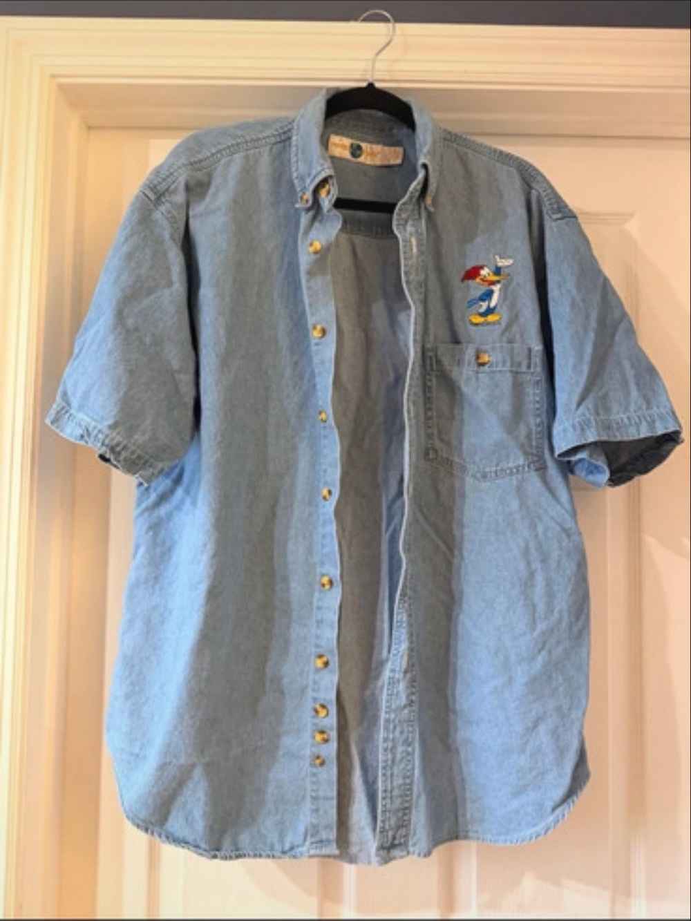 Light Blue Short-Sleeve Denim Button-Down Shirt with Embroidered Cartoon